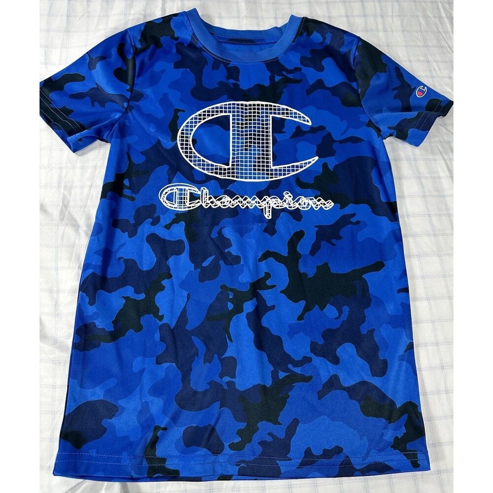 Champion Boys Blue Camo T-Shirt Size 10/12 M Medium Moisture Wicking Athletic
